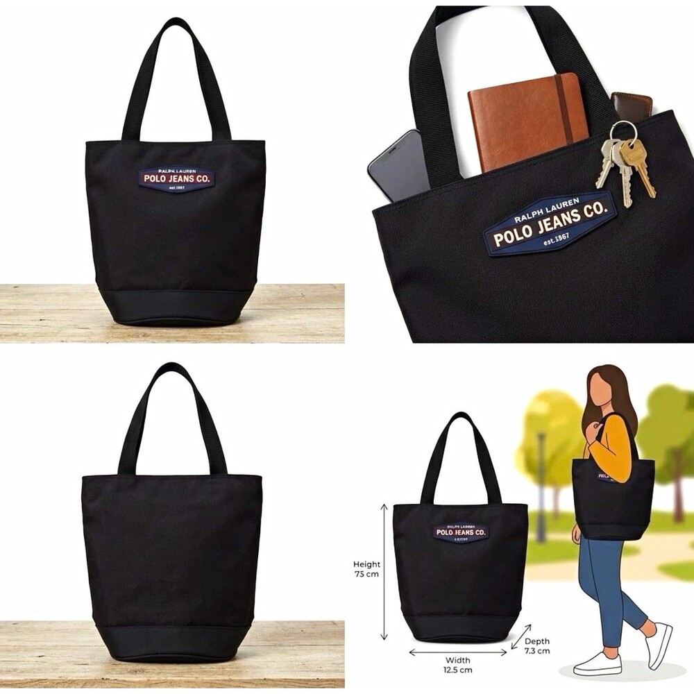 Vintage Polo Jeans Co. Ralph Lauren Black Canvas Tote Handbag Zip Top Inner 90s